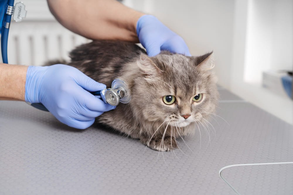 Veterinarian examining a cat during a regular health checkup