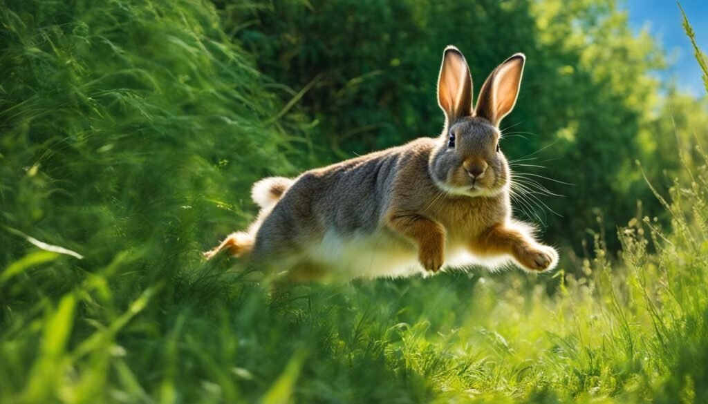 “Brown rabbit with long ears and bright eyes standing alert on grass”