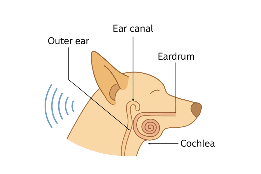 Educational diagram of a dog’s ear showing outer ear, ear canal, eardrum, and cochlea.