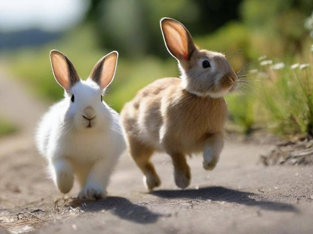 “Two rabbits facing each other using body language to communicate”