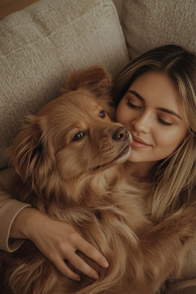 A dog cuddling and gently licking its owner’s face on a sofa, showing emotional bonding and trust.