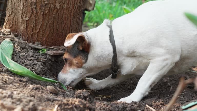 Dog digging soil in the yard showing natural hunting and den-making instincts.