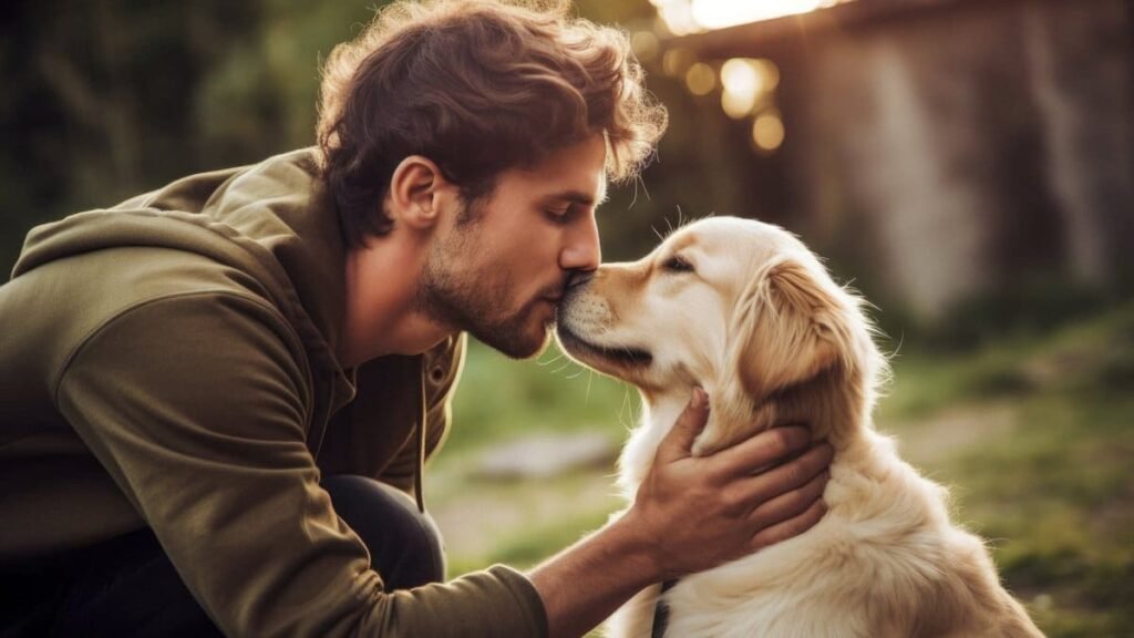 A dog licking its owner’s face at home, showing natural affection, communication, and trust.