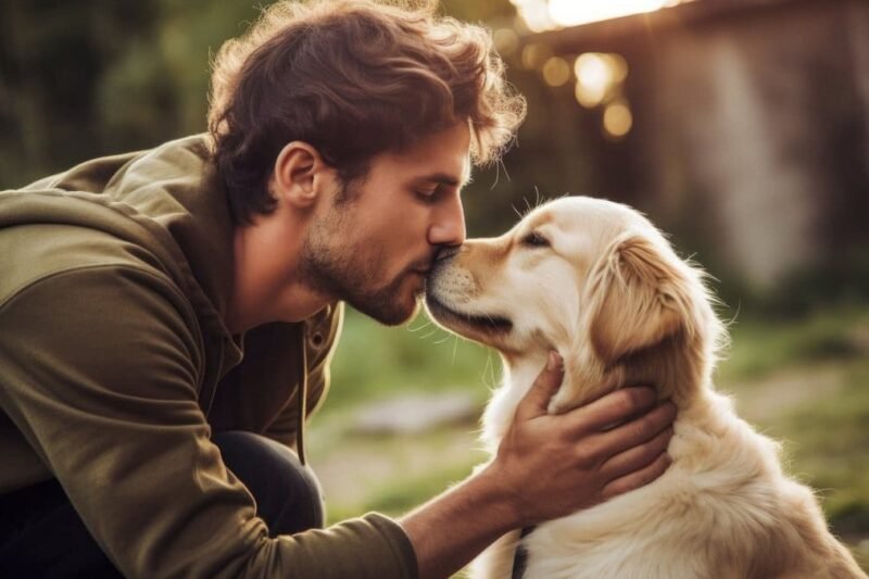 A dog licking its owner’s face at home, showing natural affection, communication, and trust.